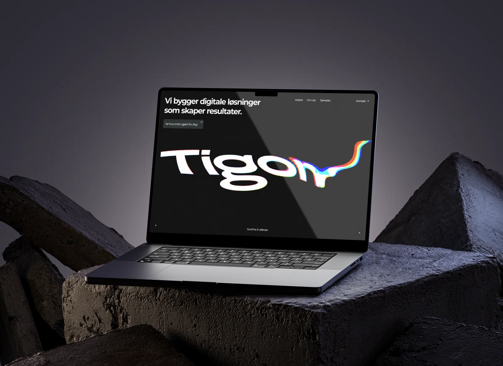 En bærbar datamaskin med Tigon-nettsiden plassert i et mørkt fjellandskap.