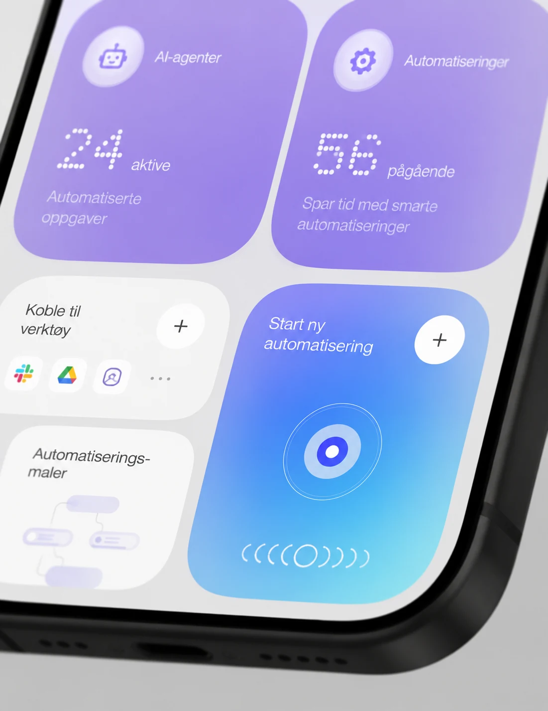 Nærbilde av et mobilt Tigon-grensesnitt for AI-agenter og automatiserte arbeidsflyter.
